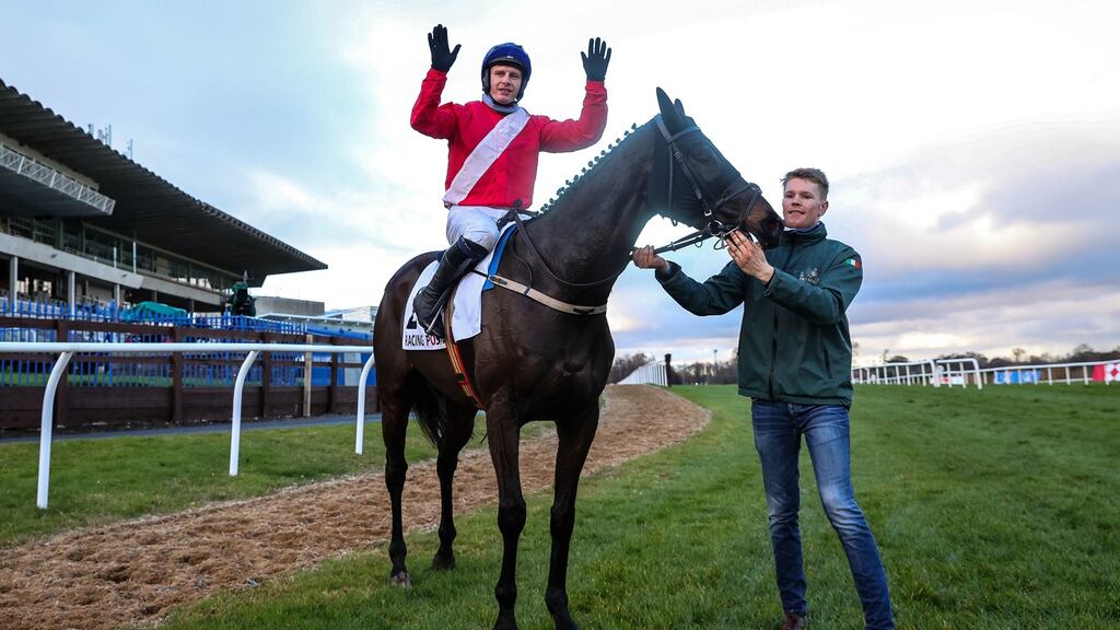 Paul Townend celebrates onboard Ferny Hollow after their victory at Leopardstown. Photograph: Ryan Byrne/Inpho