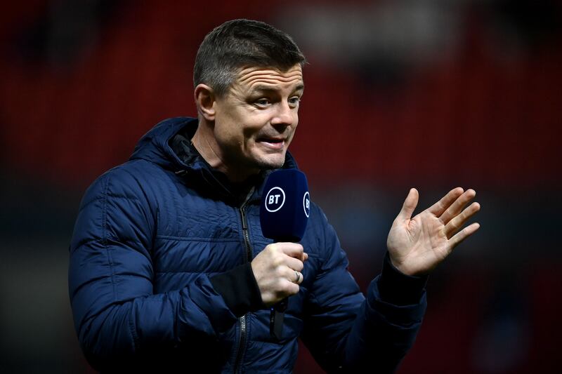 Former player and pundit Brian O'Driscoll speaks on BT Sport prior to the Gallagher Premiership Rugby match between Bristol Bears and Exeter Chiefs. Photograph: Dan Mullan/Getty Images Sport