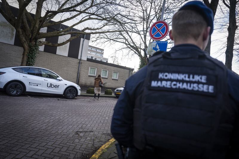 A military police force member of Royal Netherlands Marechaussee stands guard near a Jewish school in Amsterdam following its reopening two days after an attack on the Jewish institution. Photograph: Jeroen Jumelet/ANP/AFP via Getty Images