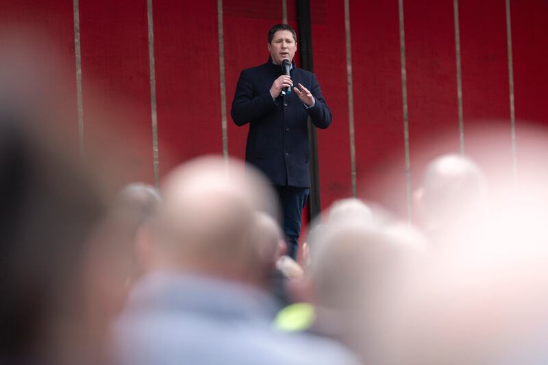 Matt Carthy speaks at O’Connell Street in Dublin at a national fuel protest taking place over energy prices caused by ongoing war in the Middle East. Photograph: Chris Maddaloni/The Irish Times 