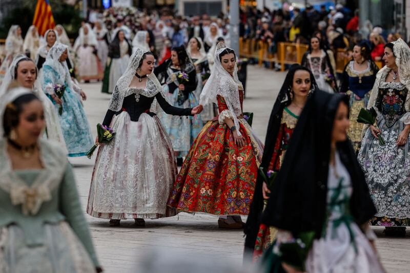 The offering to the Mother of God of the Falleras in Valencia in March this year. Photograph: Europa Press via Getty Images