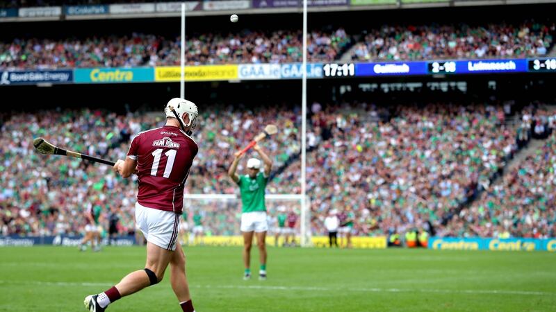 Joe Canning drops his late, long-range  free just short, Photograph:   Inpho/Ryan Byrne