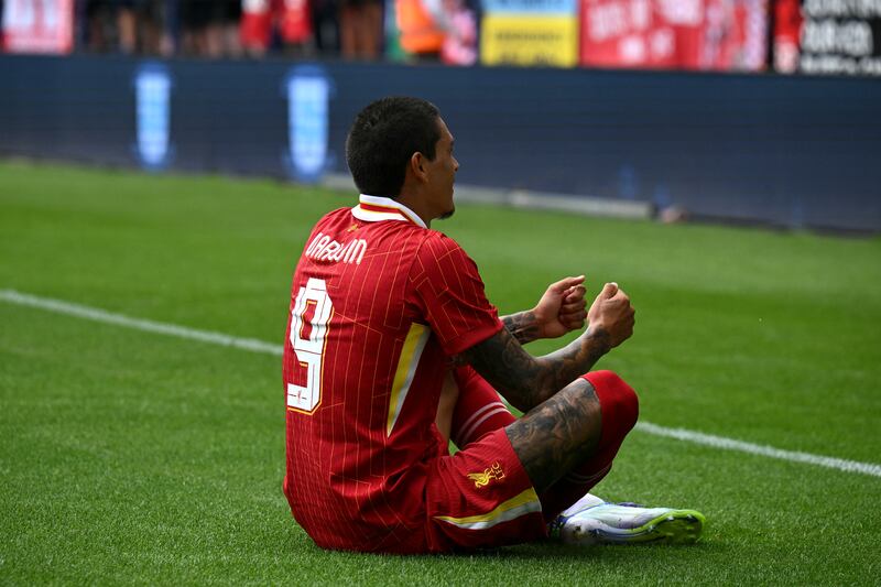 Liverpool's Uruguayan striker Darwin Nunez performs Diogo Jota's gamer celebration after scoring against Preston. Photograph: Oli Scarff/AFP via Getty Images