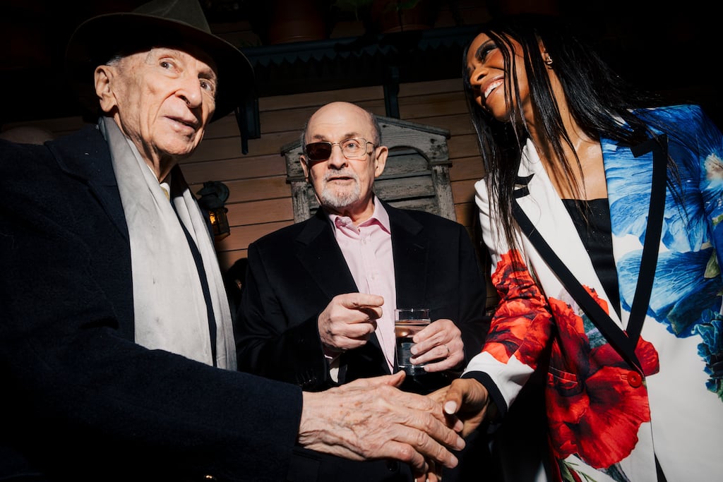 Journalist Gay Talese, author Salman Rushdie, and Rushdie's wife, the poet Rachel Eliza Griffiths, during the book party for Rushdie in Manhattan, on April 11th, 2024. Photograph: Amir Hamja/The New York Times