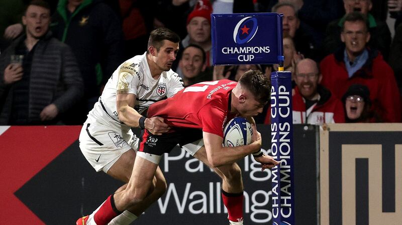 Ulster’s Ethan McIlroy scores his second try during Heineken Cup Champions Cup Round of 16 second leg against Toulouse at Kingspan Stadium in Belfast. Photograph: Laszlo Geczo/Inpho