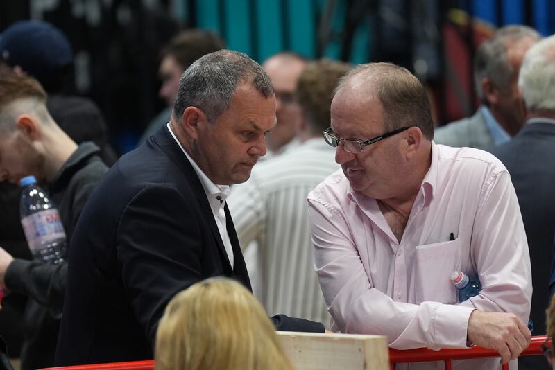 Independent Ireland candidate Noel Thomas (left) with Independent Ireland TD Michael Collins, at the count centre in Galway Lawn Tennis Club, Salthill. Photograph: Niall Carson/PA Wire