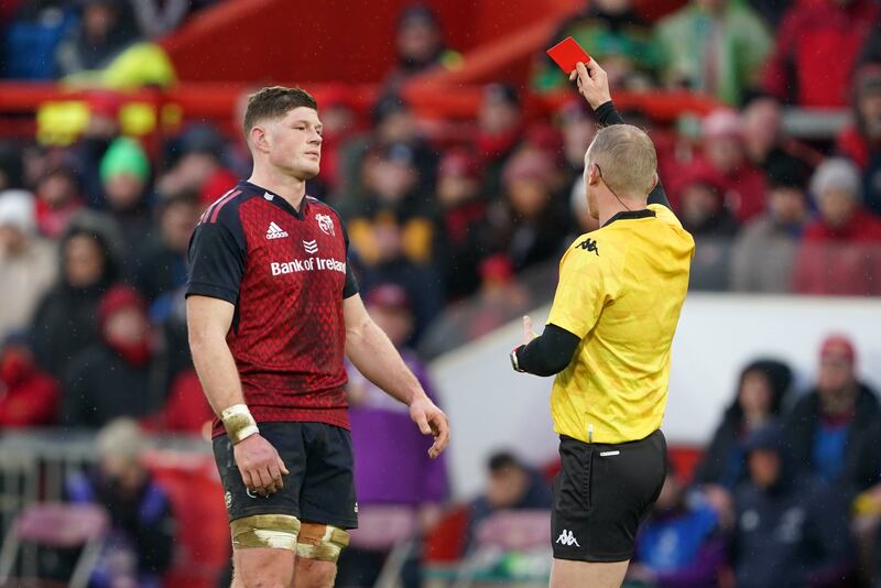 Munster's Jack O’Donoghue’s carelessness in contact earned a deserved red card against Northampton that very nearly contributed to his team’s undoing at Thomond Park. Photograph: Brian Lawless/PA Wire