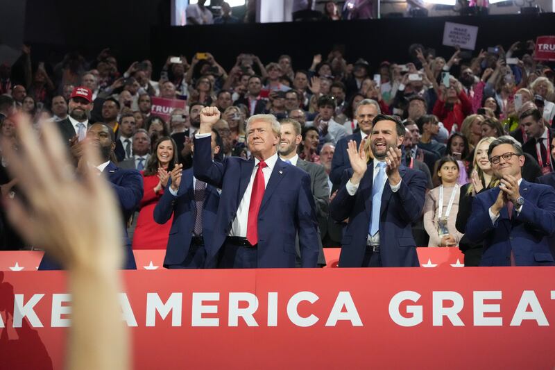 Former US president Donald Trump alongside JD Vance at the Republican National Convention at the Fiserv Forum in Milwaukee, Wisconsin, on Monday. Photogrph: Todd Heisler/New York Times
                      