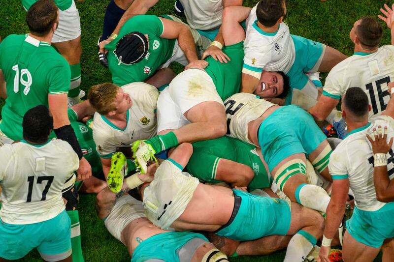 Ireland's hooker Dan Sheehan (centre right) reacts in the middle of a ruck. Photograph: Antonin Thuillier/Getty Images