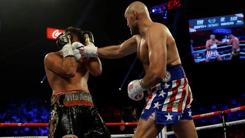 Tyson Fury lands a straight right to the face of  Tom Schwarz during their heavyweight bout at the  MGM Grand Arena in Las Vegas. Photograph: Mike Segar/Reuters