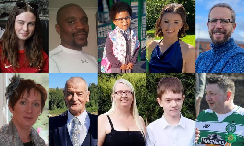 From top left to bottom right: Leona Harper (14), Robert Garwe (50), Shauna Flanagan Garwe (5), Jessica Gallagher (24), James O'Flaherty (48), Martina Martin (49), Hugh Kelly (59), Catherine O'Donnell (39), James Monaghan (13), and Martin McGill (49), died in the Creeslough explosion. Photograph: Garda/PA