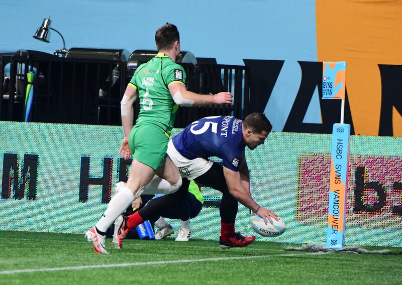 France's Antoine Dupont scores a try against Ireland to win the game during HSBC SVNS Vancouver tournament. Photograph: Don MacKinnon/AFP via Getty Images