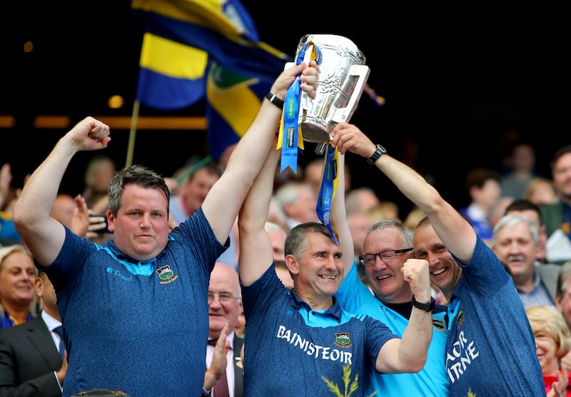 Darragh Egan, Liam Sheedy, selector Eamon O'Shea and Tommy Dunne enjoy good times together with Tipperary in 2019. Photograph: James Crombie/Inpho
