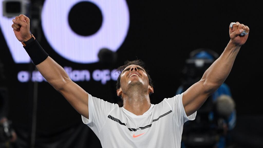 Spain’s Rafael Nadal celebrates his victory against Bulgaria’s Grigor Dimitrov. Photograph: Getty Images