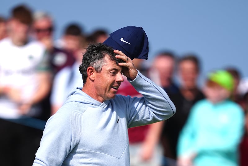 Rory McIlroy reacts after putting on the 18th. Photograph: Brian Lawless/PA