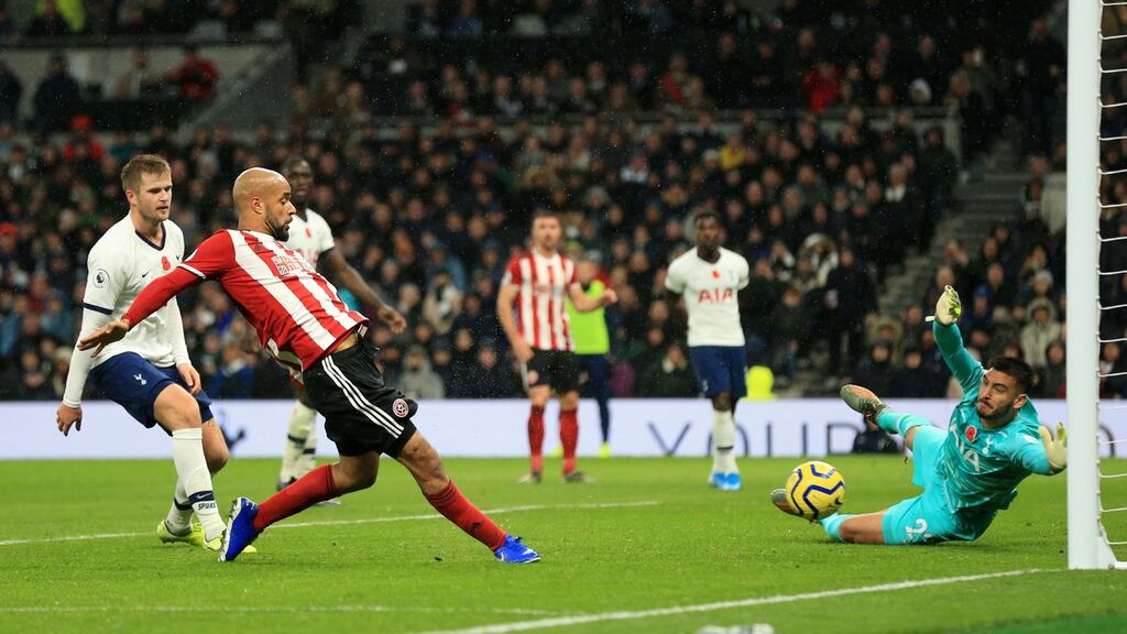 Sheffield United scores a goal that was later ruled out for offside during the Premier League game against Tottenham Hotspur at the  Tottenham Hotspur Stadium. Photograph: Stephen Pond/Getty Images