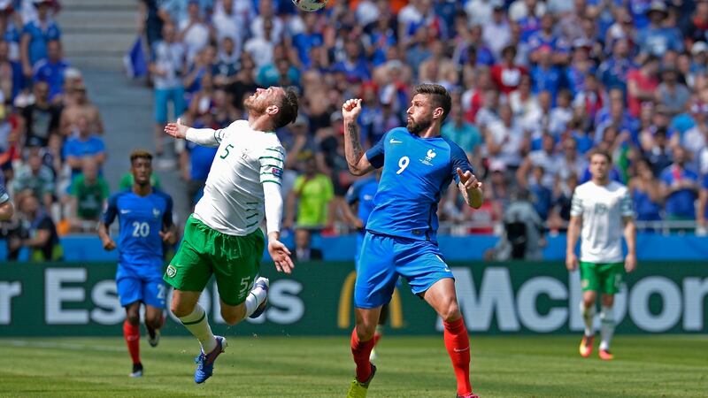 Richard Keogh challenges Olivier Giroud during Euro 2016. Photograph: Aurelien Meunier/Getty