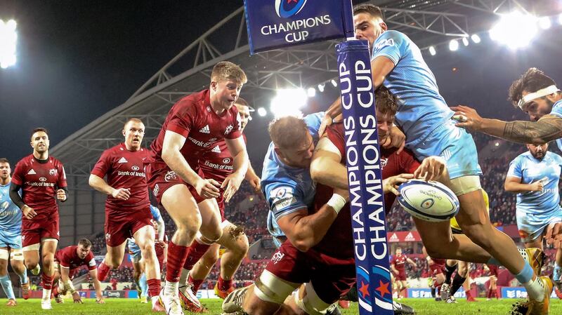 Munster’s Jack O’Donoghue scores a try in the corner during the Heineken Champions Cup matches against Castres at  Thomond Park. Photograph: Laszlo Geczo/Inpho