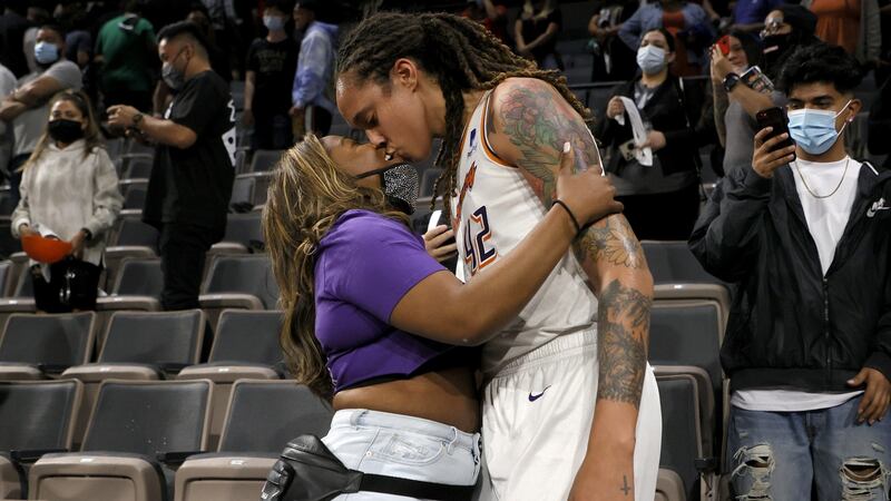 Phoenix Mercury’s Brittney Griner  kisses her wife Cherelle Griner   at Michelob Ultra Arena last October. Photograph: Ethan Miller/Getty Images