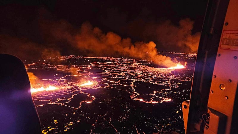 An aerial view of lava after a volcanic eruption near Sundhnukagigar, 4km northeast of Grindavik, Reykjanes peninsula, Iceland, on Tuesday. Photograph: Iceland Police Department/Anadolu/Getty