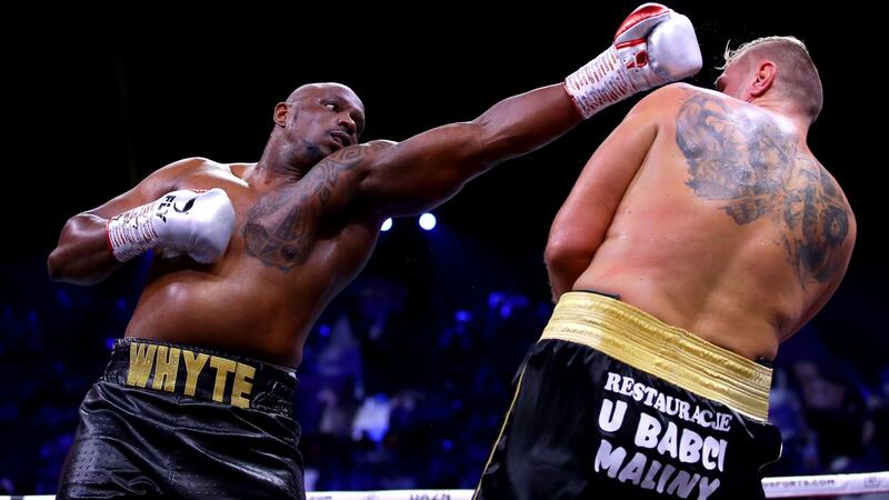 Dillian Whyte punches Mariusz Wach during their heavyweight fight  during the  ‘Clash on the Dunes’ show  in Diriyah, Saudi Arabia in December  2019. Photograph: Richard Heathcote/Getty Images