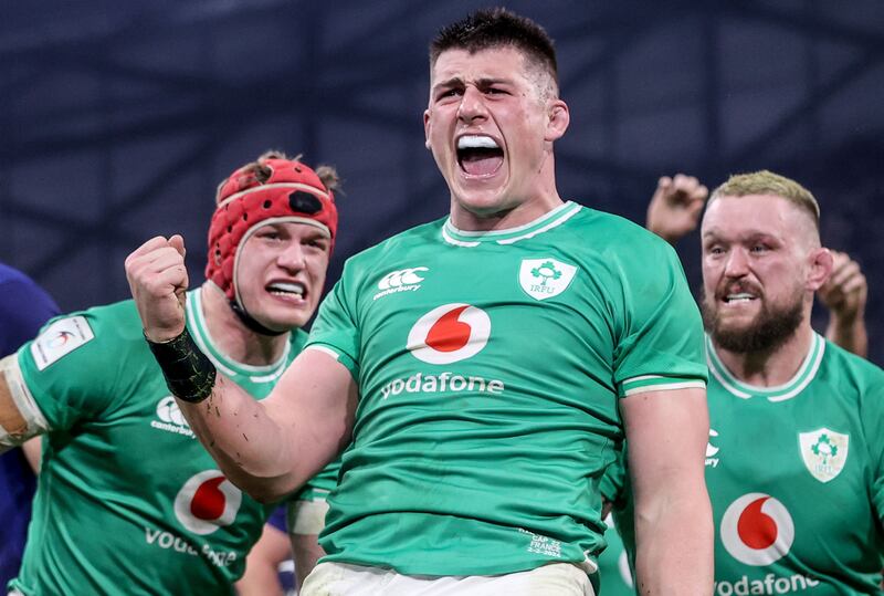 Dan Sheehan celebrates scoring for Ireland. Photograph: Dan Sheridan/Inpho