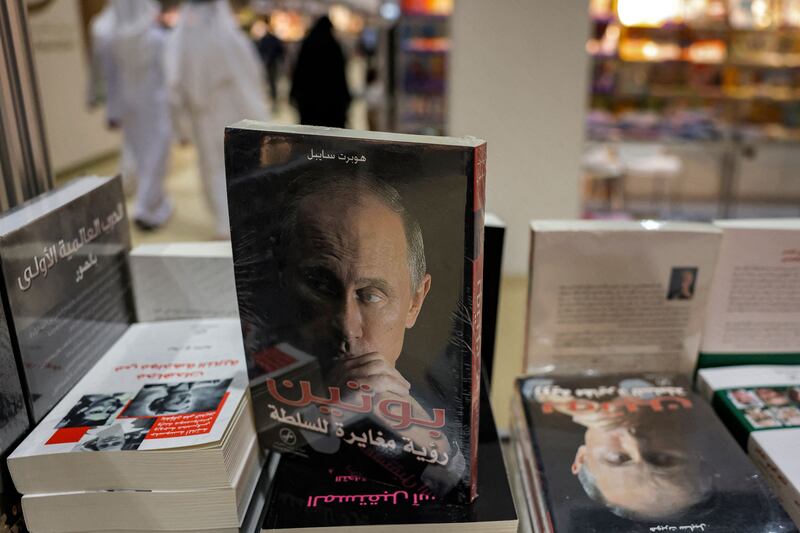 An Arabic translation of German writer Hubert Seipel's 2015 book on Vladimir Putin. Seipel had acknowledged receiving 'support' from Alexey Mordashov but has vigorously denied being on the Kremlin's payroll. Photograph: Karim Sahib/AFP via Getty Images