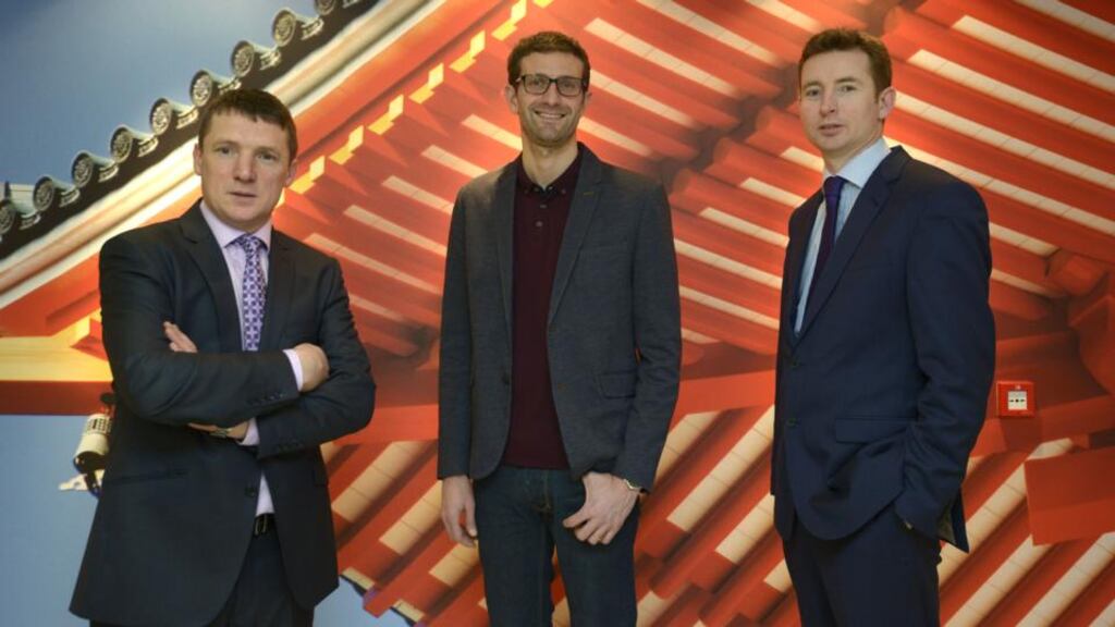 AMCS Group chief executive Jimmy Martin (left), Tony Zappala partner at Highland Capital Partners Europe and John Dolan, partner at Investec Ventures. Photo: Brenda Fitzsimons/The Irish Times