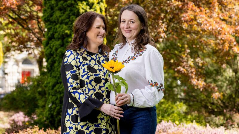 Jacqui McNabb with Tetiana Pankiv at the launch of the Sow Now Sunflower Seed nationwide initiative in aid of the Irish Red Cross.  Photograph: Connor Healy