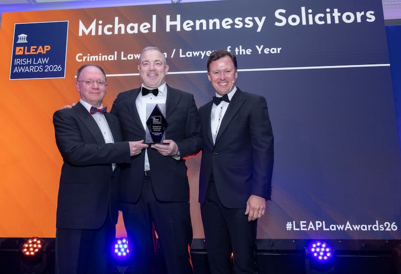 Richard Hammond, solicitor and partner at Hammond Good and chair of the judging panel of the Leap Irish Law Awards; Michael Hennessy, principal at Michael Hennessy Solicitors; and Anton Savage, MC of the night. Photograph: Paul Sherwood