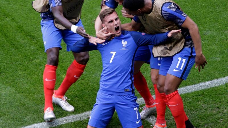 France striker Antoine Griezmann  celebrates after scoring the equaliser in the Round of 16 game against the Republic of Ireland at  Stade de Lyon. Photograph: Mast Irham/EPA