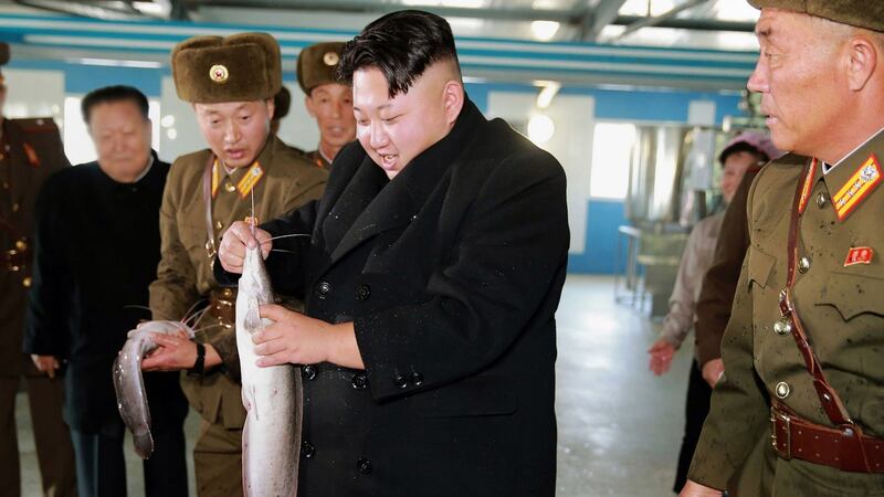 Picture released by North Korea’s official Korean Central News Agency shows North Korean leader Kim Jong-Un inspecting a catfish farm. Photograph:  KNS/AFP/Getty Images