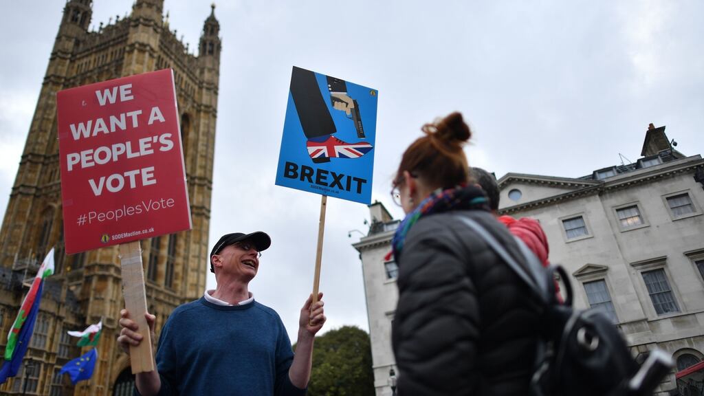 Anti-Brexit demonstrators protest outside  the Houses of Parliament in London yesterday. Neither Brussels nor Dublin will offer any concessions ahead of the Brexit vote to help British prime minister Theresa May win it. Photograph:  Ben Stansall/Getty Images