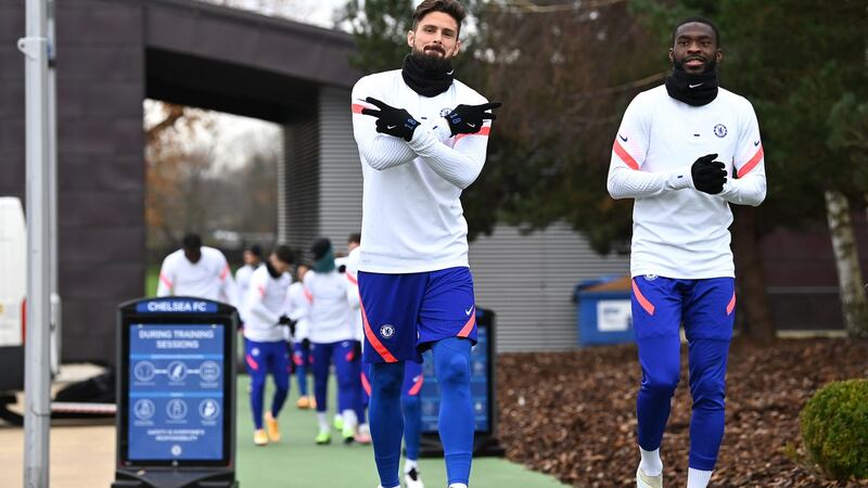 Olivier Giroud and Fikayo Tomori of Chelsea before a training session ahead of the Uefa Champions League Group E match between Chelsea and Sevilla. Photograph: Getty