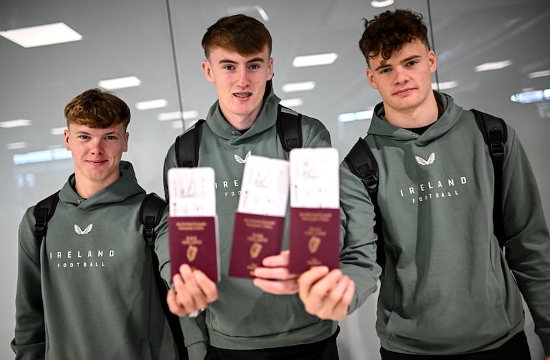 Corey Cummins-Sheridan on the right at Dublin Airport ahead of the flight. Photograph: Seb Daly/Sportsfile