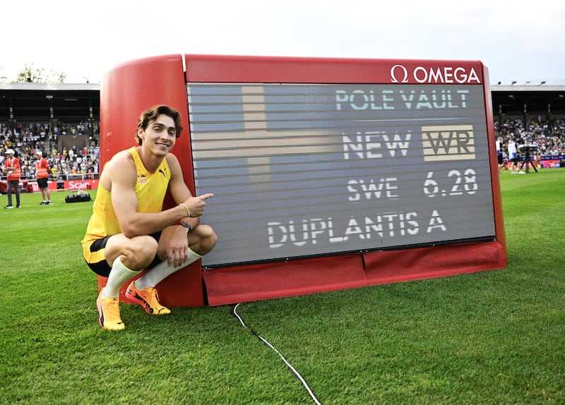 Sweden's Armand Duplantis poses after setting a new world record of 6.28m in the men's pole vault event. Photograph: TT News Agency/AFP via Getty Images