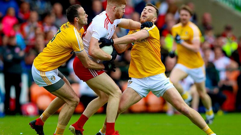 Tyrone’s Cathal McShane against Antrim in the Ulster quarter-final. Photograph: Tommy Dickson/Inpho