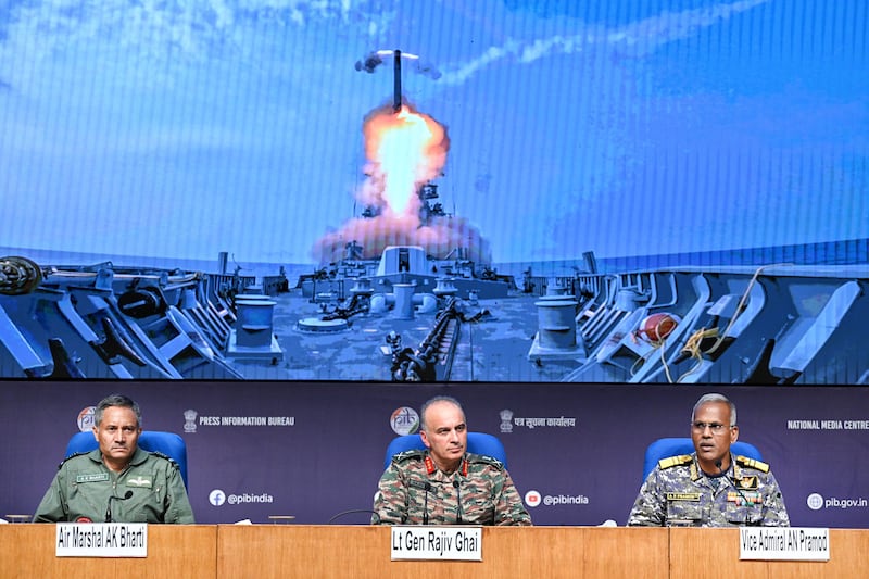 Senior officers from the Indian army, navy and air force at a press conference on defence issues earlier this year. Photograph: Sanchit Khanna/Hindustan Times/Getty