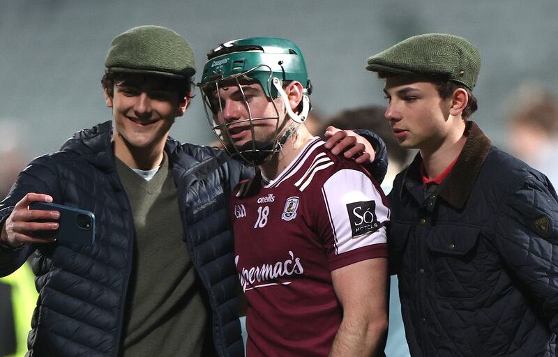 Galway’s Shane Morgan with fans after the game. Photograph: James Crombie/Inpho