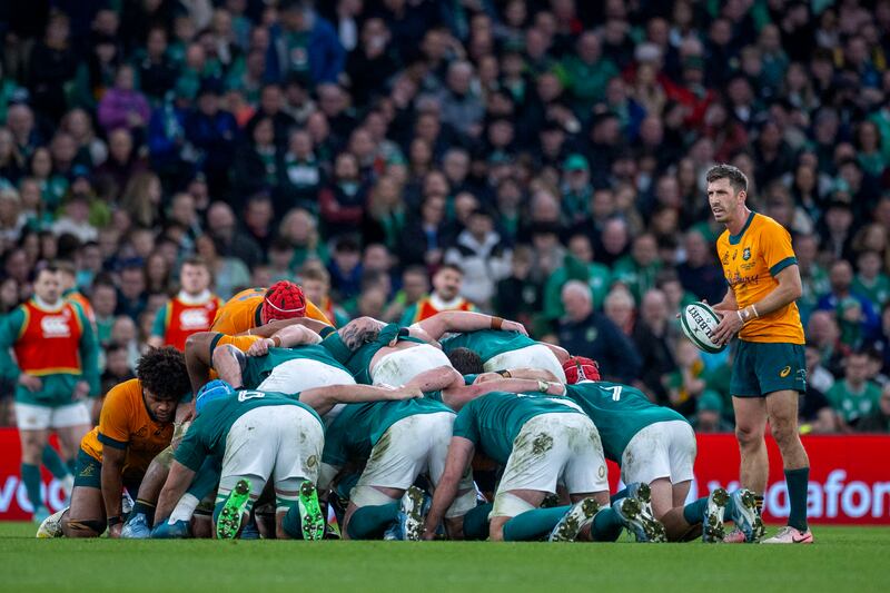 Jake Gordon of Australia prepares to feed a scrum during his side's match against Ireland at the Aviva. Photograph: Tim Clayton/Corbis/Getty 