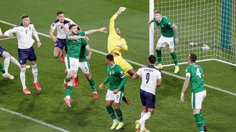 Gavin Bazunu makes another save during Ireland’s draw with Serbia. Photograph: Laszlo Geczo/Inpho