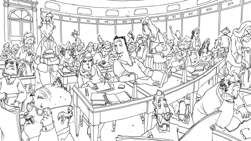 An  illustration by Alan Clarke showing Ross in the National Library Reading Room, which  was specially commissioned by the library. Illustration: Alan Clarke