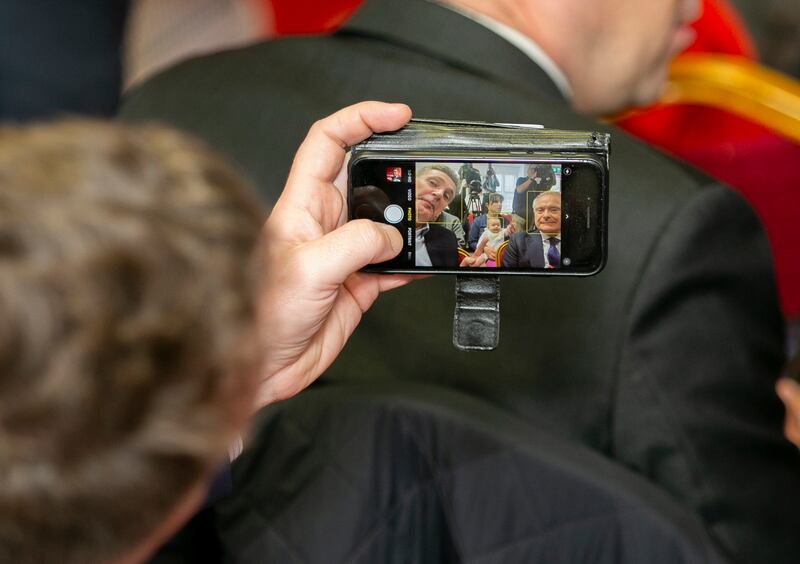 Labour's spokesman on education and justice Aodhán Ó Ríordán takes a selfie with Brendan Howlin during this week's launch of the party's alternative budget. Photograph: Gareth Chaney/Collins Photos