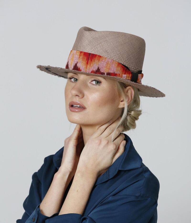 Mocha panama with handwoven ikat trim by FAO Millinery €235