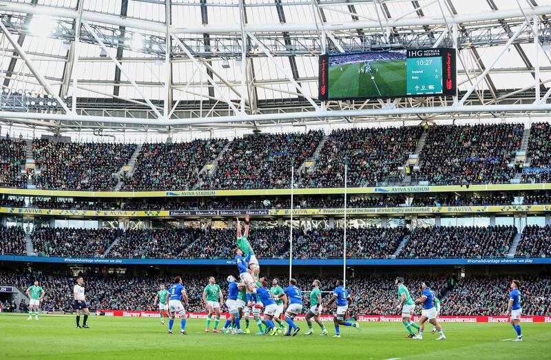 A general view of Ireland’s Joe McCarthy in the lineout. Photograph: Dan Sheridan/Inpho