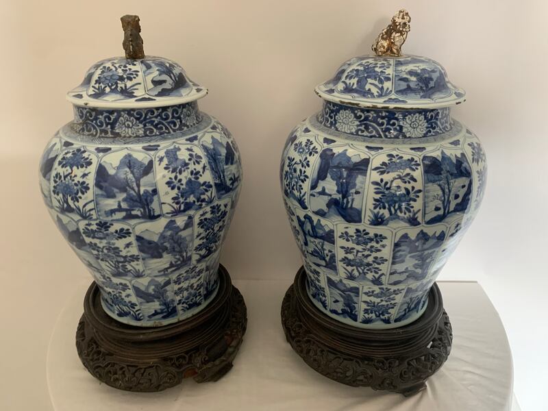 A pair of antique Chinese blue and white jars painted with flowers are expected to attain in the region of €6,000-€8,000
