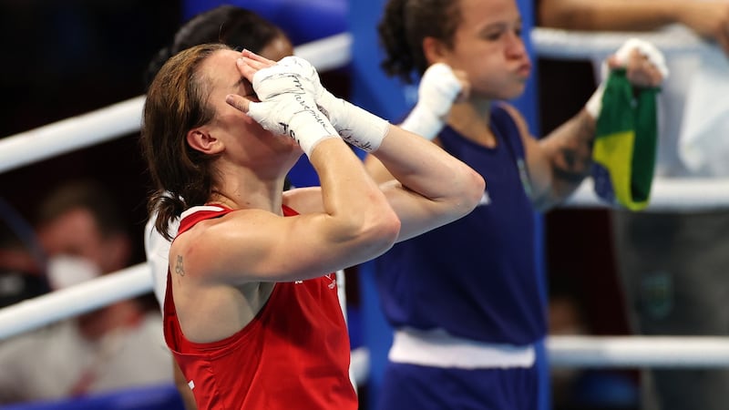 Kellie Harrington celebrates winning the  gold medal in the women’s lightweight final at the 2020  Olympic Games  in the Kokugikan Arena, Tokyo, Japan. Photograph: James Crombie/Inpho