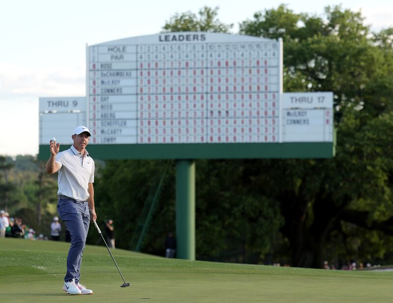 Rory McIlroy of Northern Ireland acknowledges the crowd on the 18th green during the third round. Photograph: Andrew Redington/Getty