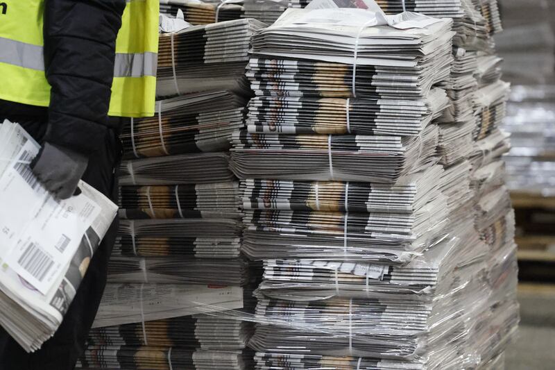 Newspapers bundled and addressed, ready for transport. Photograph: Nick Bradshaw