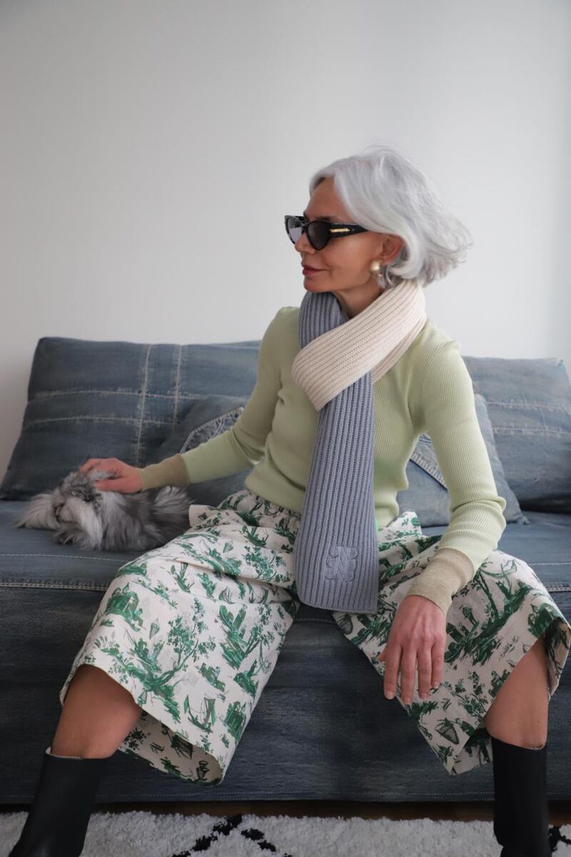Style influencer Grece Ghanem Hmodelling an outfit from Baum und Pferdgarten’s autumn/winter 2021 collection, with typical ease and insouciance